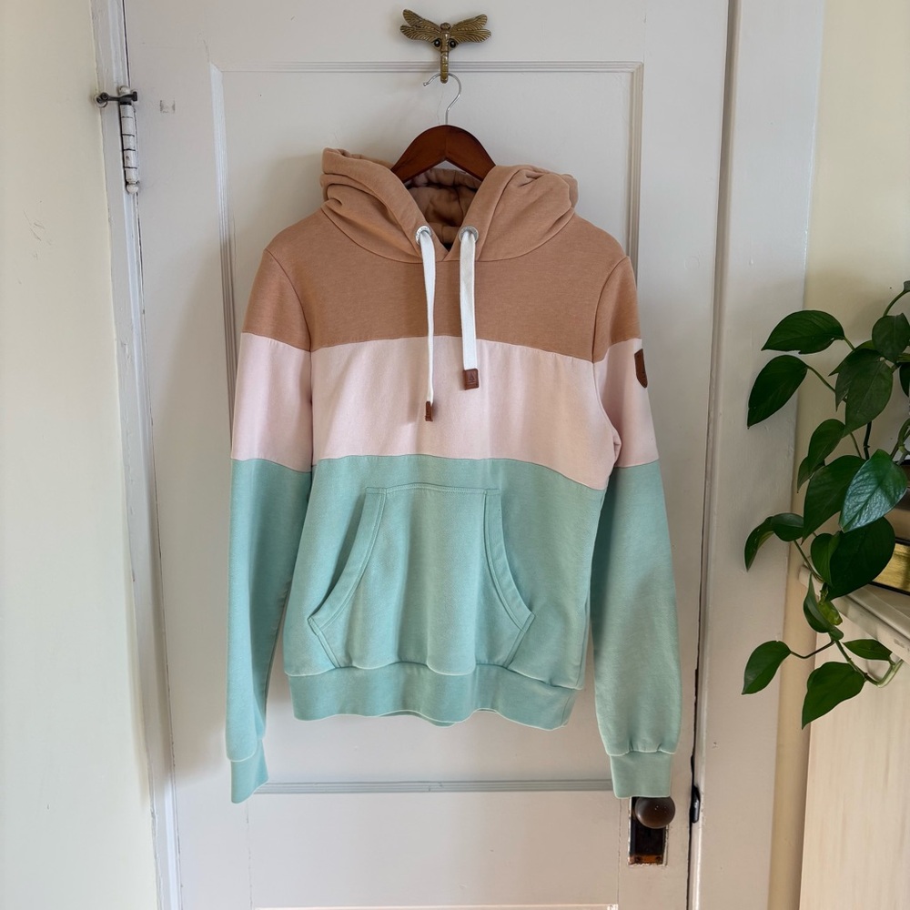 Wanakome Colorblock Hoodie in Tan, Blush Pink & Mint Large
